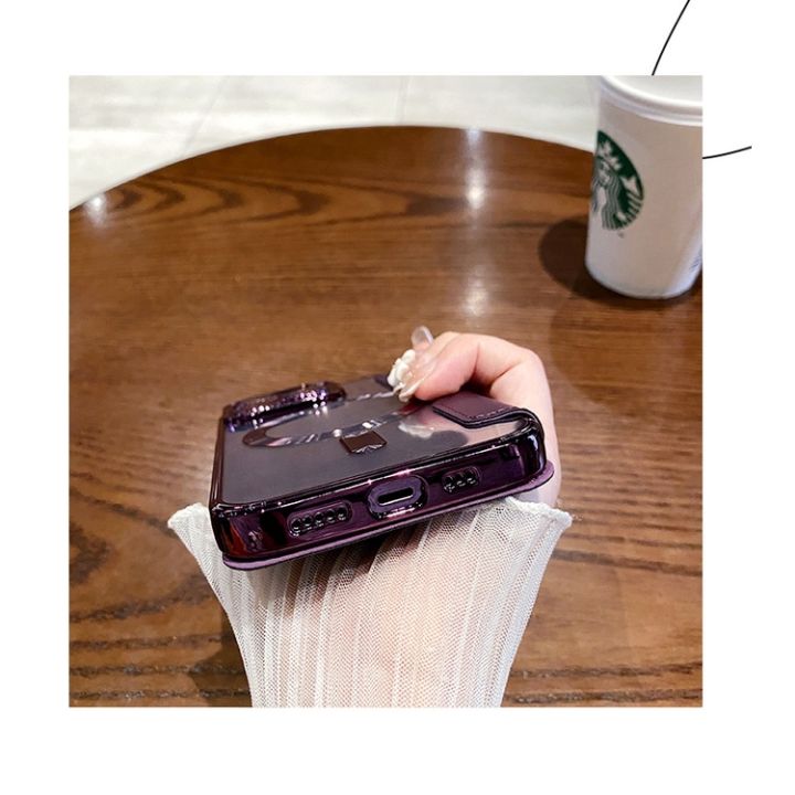 กระเป๋าเก็บบัตรหนังพรีเมี่ยมแหวนแม่เหล็กโลหะเคส-iphone-14-pro-max-case-iphone-13-11-12-pro-max-14-plus-promax-หรูหราปกป้องเลนส์กล้องเคสใสชุบ