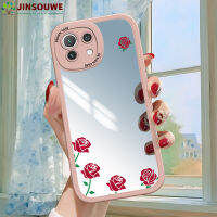 Jinsouwe เคสกระจกเคสมือถือสำหรับ Xiaomi Mi 11 Lite เคส Mi11lite สำหรับเด็กผู้หญิงลายดอกไม้กุหลาบการ์ตูนปกหนังคลุมเต็ม