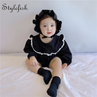 Hot selling baby girls 2021 babies 100-day clothes ruffled collar lace pure color long-sleeved romper triangle jumpsuit