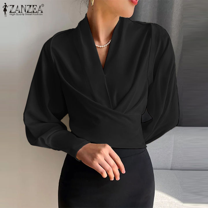 สินค้ามาใหม่-จัดส่งฟรี-fancystyle-zanzea-เสื้อคอวีแฟชั่นสไตล์เกาหลีของผู้หญิงเสื้อยืดแขนยาว-ol-เสื้อทำงานผูกเป็นปมแบบไม่สม่ำเสมอ-11