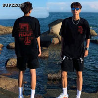 SUPEEON丨 เสื้อกันหนาวแบบสวมหัวคู่แขนสั้นลำลองหลวมพิมพ์ลาย,ผ้าฝ้าย