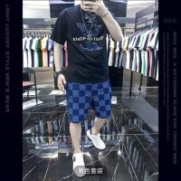 【hot seller】 European station letters casual short-sleeved suit mens tide brand 2023 summer new two-piece