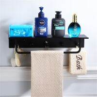 ﹊﹍□ Black Bathroom Shelf with Bar and Hooks Shower Caddy Bath Rack Aluminum Wall Mount Corner Floating Shelves Towel etagere salle