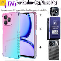 4-In-1สำหรับ C53 Realme OPPO/Narzo เคสโทรศัพท์สี N53 + กระจกนิรภัยป้องกันแสงสีฟ้าชนิดเคลือบเพื่อความอ่อนโยนด้าน + สติ๊กเกอร์สกีนหลังเลนส์กล้องถ่ายรูปสำหรับ Realme C53 /Narzo N53ฟิล์มป้องกันหน้าจอไฟเบอร์