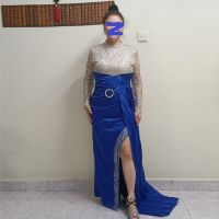 Hong Hu ชุดราตรีชุดสตรีหรูหราสีฟ้าโรยทอง2023สำหรับผู้หญิงชุดราตรีงานพรอมเดรสเปิดตัวปักเลื่อม