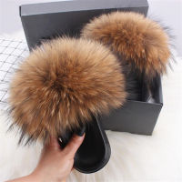 Hot Real Fox Fur Fluffy รองเท้าแตะผู้หญิงฤดูใบไม้ผลิฤดูร้อนแฟชั่น Raccoon Plush Fur รองเท้า EVA Flip Flops Sliders 2022รองเท้าผู้หญิง