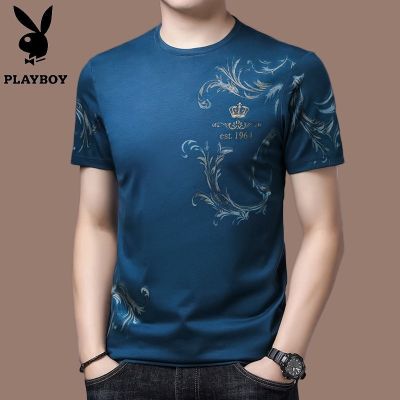 CODTheresa Finger Playboys new mens ice silk short-sleeved t-shirt crown elastic mens young round neck loose breathable half-sleeve T-shirt
