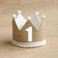 ๑▨ 1pcs Burlap Crown Baby Birthday Party Hat 1/2 1 2 3 4 5 6 7 8 9 Year Baby Boy Girl Linen Headband 100 Year Adult Anniversary Cap