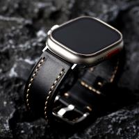 สายนาฬิกาหนังแฮนด์เมดสำหรับ Watch Ultra 8 49MM 45 Black Italian First Layer Cowhide Leather Men Thickened celet