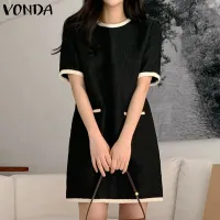 VONDA Summer Women Short Sleeve Elegant Dress With Pockets Casual Loose Tunic Dress (Korean Causal)