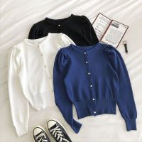 [COD] 2020 autumn new products Korean version French retro simple solid round neck single-breasted button puff sleeve knitted cardigan womens fashion