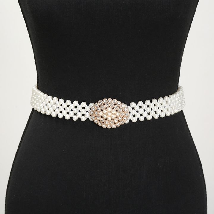 ladies-pearl-rhinestone-waist-chain-elastic-thin-belt-dress-matching-waistwear-simple