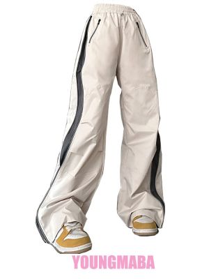 กางเกงสเวตเตอร์เอวต่ำสำหรับใส่ใน Y2k กางเกงขากว้างแนวสตรีทแวร์สีขาวสะโพกทรงหลวมเย็บปะติดสีล้วน