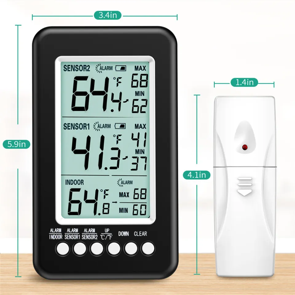 Brifit Refrigerator Thermometer, Wireless Digital Freezer Thermometer with 2 Sensors, Audible Alarm, Min and Max Record, Large LCD Display for Home