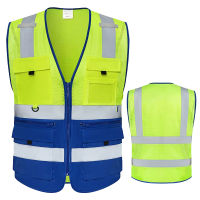 Hi Vis เสื้อกั๊กทูโทนสะท้อนแสงความปลอดภัยตาข่ายเสื้อกั๊กคนงานซิปด้านหน้าการมองเห็นสูงเสื้อกั๊กทำงานผู้ชาย Workwear กับหลายกระเป๋า