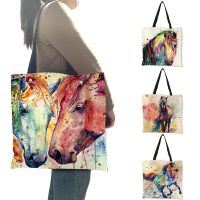 New Arrival Totes Bag Lady Rainbow Horse Art Painting Shoulder Bag Eco Linen Casual Fashion Office School Handbags for Women