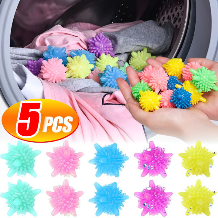 ลูกบอลการซักผ้าใช้ซ้ำได้5ชิ้นขจัดสิ่งสกปรกนุ่มกันปมสำหรับใช้ในบ้านพีวีซีสะอาดลูกบอลเป่าแข็ง
