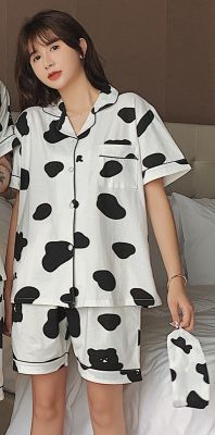 Summer 100 Cotton Couples Short Sleeve Pajama Sets for Women Cute Cartoon Cow Shorts Sleepwear Pyjama Men Homewear Clothes