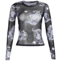 2021 Womens Spring Autumn Sexy T-shirts Female See-through Dragon Print Tops Long Sleeve Round Neck Mesh Pullover S/M/L