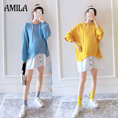 AMILA เสื้อยืดกระโปรงยาวปานกลางแขนยาวสำหรับหญิงมีครรภ์,ชุดสไตล์เกาหลีฤดูใบไม้ร่วงสำหรับหญิงตั้งครรภ์