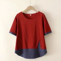 【มีไซส์ใหญ่】Plus Size Womens False Two Pieces Summer Shirts Short Sleeve A-line Tops Fashion Top