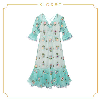 Kloset Embroidered Organza Dress With Ruffles (SH18-D005)เสื้อผ้าผู้หญิง เสื้อผ้าแฟชั่น เดรสแฟชั่น เดรสผ้าแก้วปัก