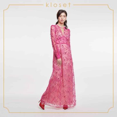 Kloset Design Embroidered Sleeve Lace Dress(RS20-D012) เดรสแต่งดีเทลปักเพชร  เดรชผ้าลูกไม้ เดรสยาว เดรสแฟชั่น เดรส+ซับใน