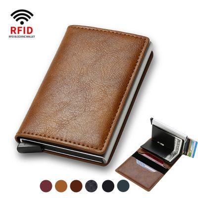 กระเป๋าสตางค์กระเป๋าใส่เงินคุณภาพสูงสำหรับผู้ชายกระเป๋าสตางค์ขนาดเล็กวินเทจสีน้ำตาลหนังผู้ถือบัตร Rfid กระเป๋าสตางค์อัจฉริยะขนาดเล็ก