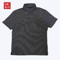 เสื้อโปโลผู้ชาย แขนสั้น Uniqlo ลายทางสีดำ-ขาว รุ่น Dry มือสอง ผ้ากีฬา แห้งเร็วระบายอากาศ