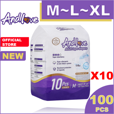 【ซึมเร็วสุด!！】ผ้าอ้อมผู้ใหญ่ Andlove ใช้ได้ทั้งชายหญิง ปลี่ยนง่าย M/L/XL(10 Pack/100Pcs) adult diapers ผ้าอ้อมแบบเทป