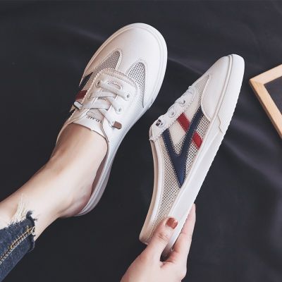 ✹ 2022 Summer New Style All-Match Baotou Without Heel White Womens Shoes Flat Half Slippers Outer Wea