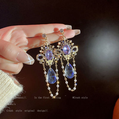 925 เข็มเงินคริสตัลประกายเพชรมุกพู่ต่างหูสไตล์พระราชวังวินเทจ925 Silver Needle Crystal Sparkling Diamond Pearl Tassel Earrings Vintage Palace Style Earrings