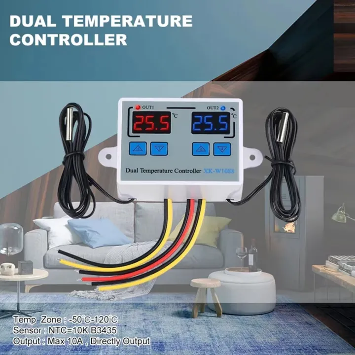 XK W1088 220V Dual Digital Thermostat Temperature Sensor Control Controller Two Relay Output