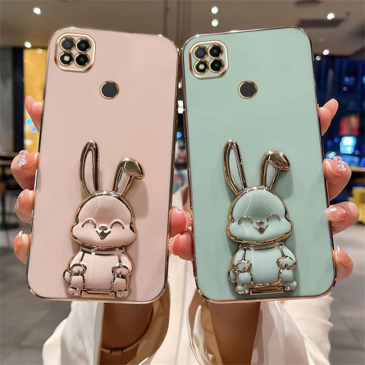 ybdเคสโทรศัพท์หม่สไตล์เข้ากันได้กับ-xiaomi-redmi-9c-10a-9a-8a-redmi-8-9-10-เคสการ์ตูนน่ารัก3dยิ้มกระต่ายชุบขาตั้งพับได้ปกอ่อน