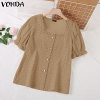 VONDA เสื้อคอสี่เหลี่ยมทรงหลวมของผู้หญิงเสื้อลูกไม้อเนกประสงค์แขนพองเสื้อทึบ (ลำลองเกาหลี) #2