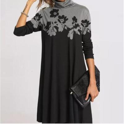 2021 Winter Turtleneck Warm Vintage Print Dress Women Autumn Elegant Long Sleeves Patchwork Dresses Female Casual Loose Vestidos