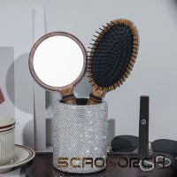 【YD】 Luxury Airbag Hair Comb Wood Round Mirror Makeup Storage Organizer Holder