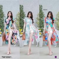 TT18502 เดรสแขนเบิ้ลปกเชิ้ตลายใบไม้ ผ่าด้านข้าง 2 ข้าง Dress with double sleeves, cover, leaf pattern shirt, side cut on 2 sides..