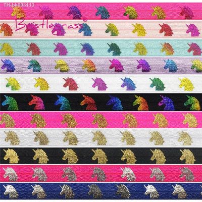 ❖▽♚ BRISTLEGRASS 2 Yard 5/8 15mm Rainbow Unicorn Cat Bride Tribe Foil Print Fold Over Elastic FOE Spandex Band Hair Tie Sewing Trim