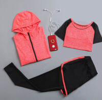 Quick dry women yoga clothing hooded coats+t shirt+bra+shorts+pants 5 pieces set womens autumn outdoor running sportswear gym