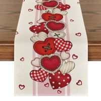 【LZ】❇☌❏  Pink Heart Linen Table Runner Valentines Day Gnome Decoration Table Runner Home Dinner Wedding Party Decoration Accessories