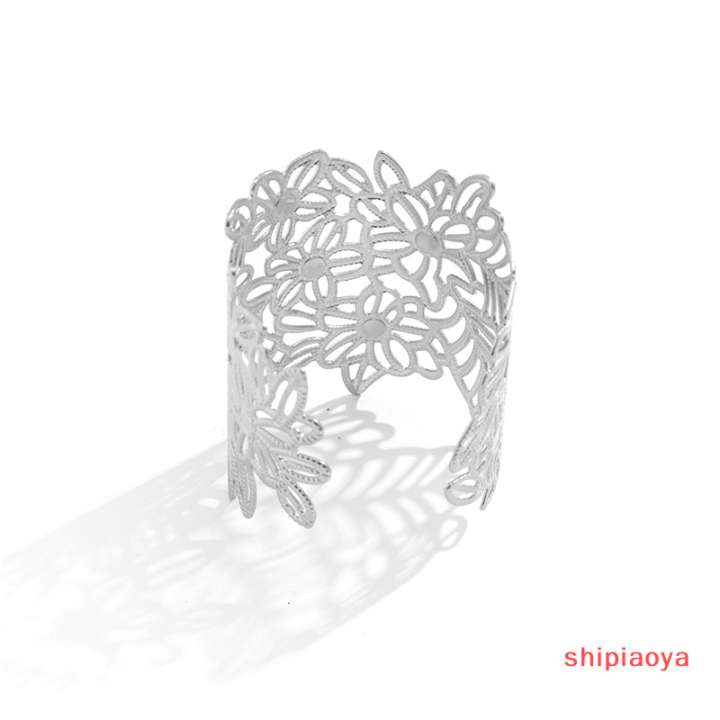shipiaoya-กำไลใบไม้โลหะลายดอกไม้กลวงสำหรับผู้หญิงเครื่องประดับงานแต่งงานงานปาร์ตี้กำไลข้อมือกว้างปรับได้