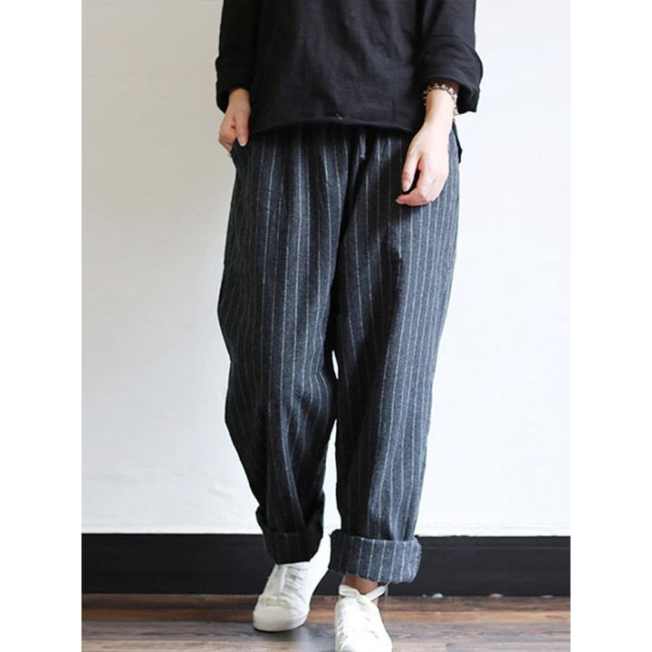 women-stripes-pockets-elastic-waist-plus-size-vintage-pants