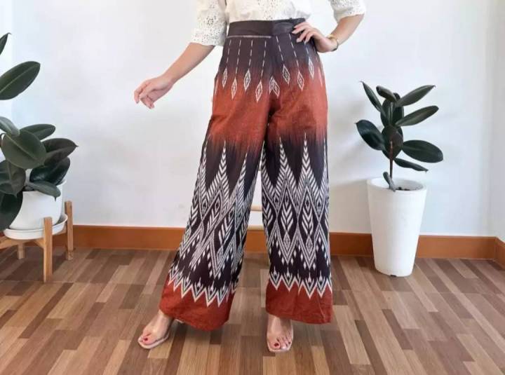 มาใหม่-กางเกงขาบาน-ผ้าลายไทยทรงขากระบอกใหญ่-ผ้าไทย-กางเกงใส่ไปวัด-กางเกงขากระบอก-กางเกงขายาวผู้หญิง-ผ้าฝ้าย