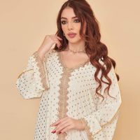 【YF】 White Satin Striped Jacquard Maxi Dress Women Elegant V Neck Golden Tape Trim Dubai Arab Muslim Abaya Moroccan Kaftan Eid 2023