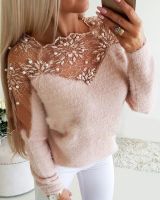 Crochet Lace Beaded Fluffy Sheer Mesh Sweater