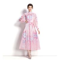 Vacation Style Stand-up Collar Puff Sleeve Wavy Print Dress