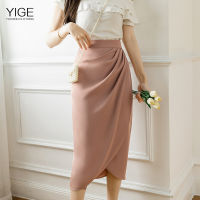 YIGE Retro bag hip pleated skirt womens 2023 new Korean version of the high waist slit one word knee skirt