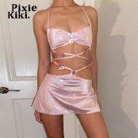 【LZ】☎✵▥  Pixiekiki 2023 glitter rosa duas peças conjunto de fadas grunge colheita superior mini saia roupas de verão sexy clube rave festival outfit p82ca11