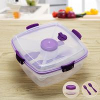 Lunch Container with Salad Bowl BPA-Free Plastic Double-layer Separated Lunch Fruit Box with Sauce Jar and Reusable Fork Spoon